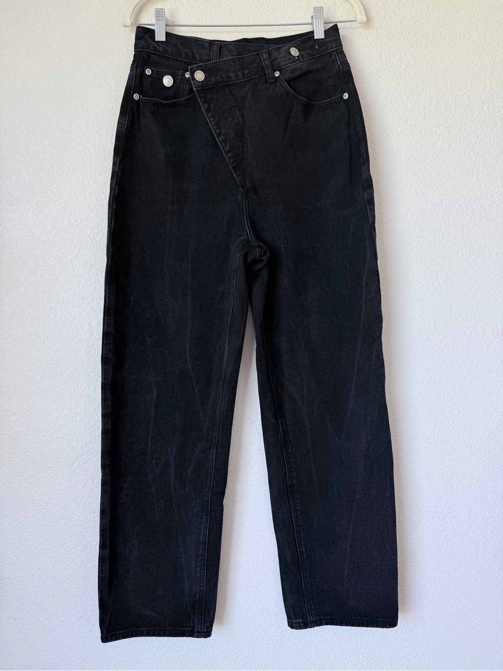 GREY LAB Black Cross Waist Straight Leg Jeans High Rise Denim Size 27